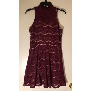 Maroon High Neck Lace Dress